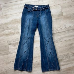 Jordache womens jeans Vintage lo-rise flare cross detail belt waistband